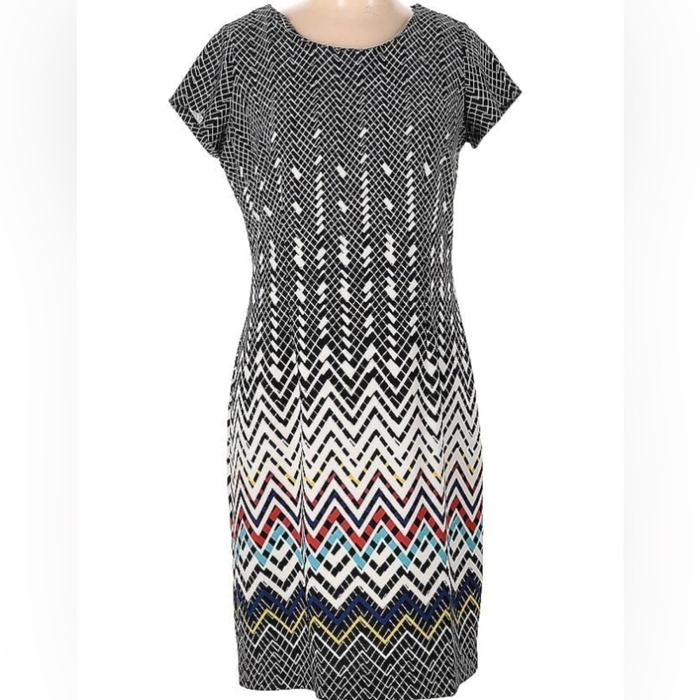 Women's I LE New York Dress Size 16 Shift Sheath Multi Color Cap Sleeve Stretch